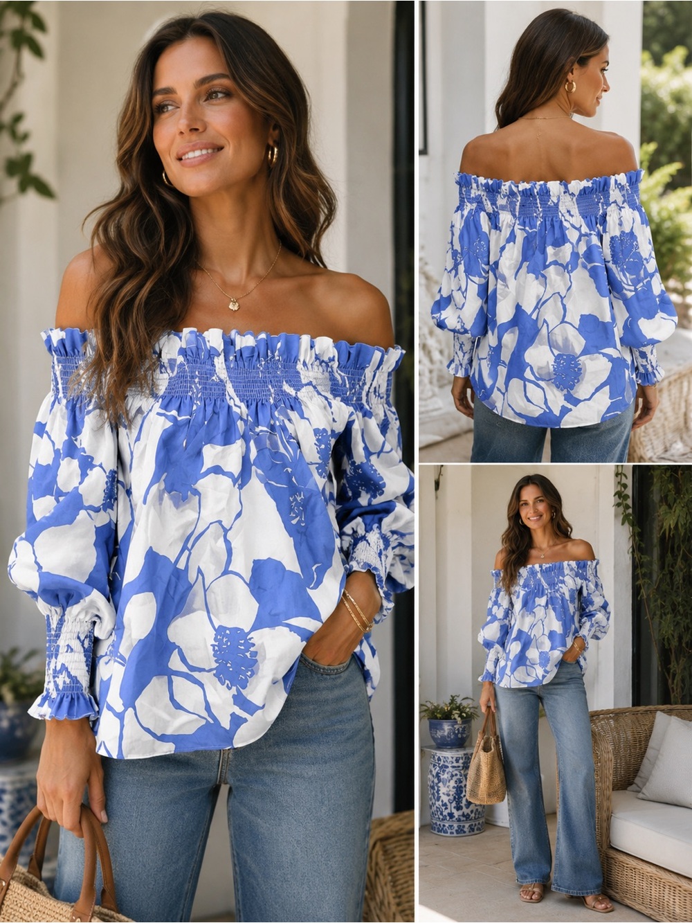 Blue & White Off-Shoulder Floral Blouse - Women's Smocked Top